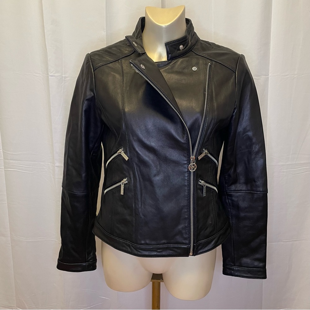 Michael Kors Black Leather Moto Jacket Asymmetrical Zipper